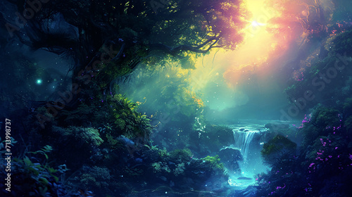 magical forest landscape with waterfall and river surrounded by lush vegetation and trees with shimmering rays of light penetrating through foliage, mysterious atmosphere, fog or steam