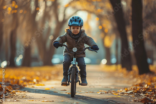 photo of little boy in blue helmet, riding children's bicycle in park, strewn with autumn leaves, lighting is soft and warm, calm, tranquility, beauty of autumn season and joys of childhood