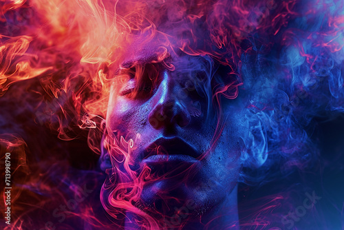 human face in bright, dynamic clouds of colored smoke, smoke envelops facial features, effect of otherworldliness and mysticism, red and blue shades of smoke, movement and energy, surreal image