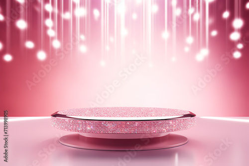 Pink podium 3d illustration background , mock up display with sparkle and glitter for beauty products or holiday event.	

