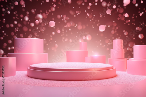 Pink podium 3d illustration background , mock up display with sparkle and glitter for beauty products or holiday event.	
