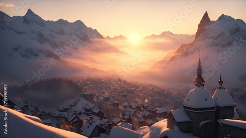 cinematic scene of a city sunset snowy mountains