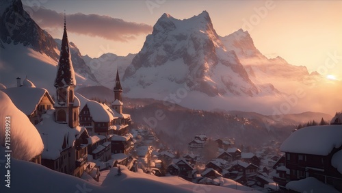 cinematic scene of a city sunset snowy mountains photo