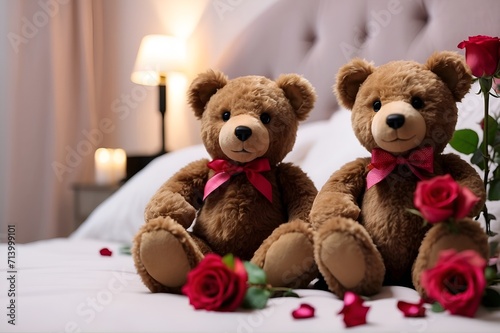 Lovely Teddy bears with red bows sitting on a bed, surrounded by red roses and petals.