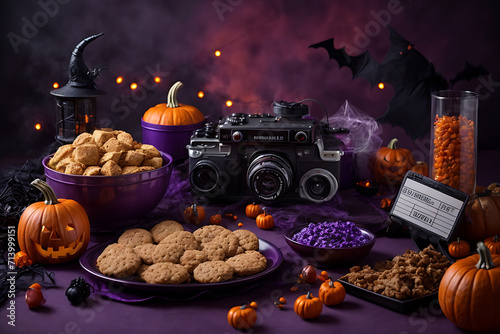 Ignite the Halloween fervour with a high-angle shot featuring cinema essentials, food and Halloween-themed decorations on an isolated purple backdrop, ready to accommodate your promotional text or ads photo