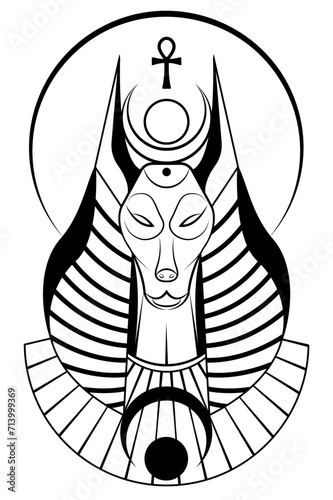 Portrait of Ancient Egyptian god Anubis. Deity with canine head. God of death logo tattoo. Ancient Egyptian God in black and white style vector illustration isolated on a white background