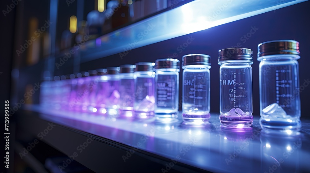 Row of glass vials in a high-tech laboratory illuminated by a glowing purple light, indicating advanced scientific research in progress.