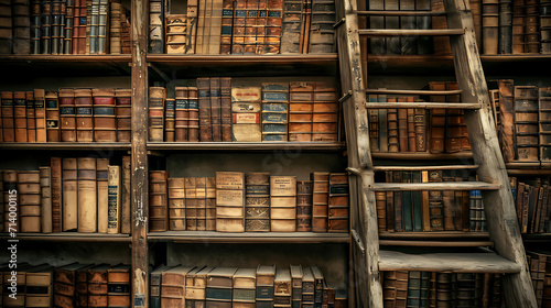 vintage library with many books, in the style of detailed texture, a library with old books and ladders, textured canvas, high quality.