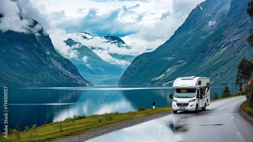 Modern motorhome driving on road with views of lake and mountains in background