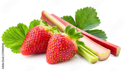 Erdbeeren mit Rhabarber isoliert auf weißen Hintergrund, Freisteller photo
