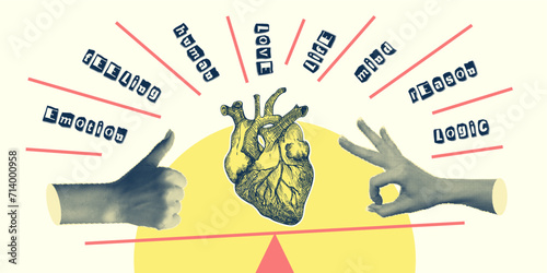 Concept heart VS brain. Vintage design collage poster. Mental health and emotional well-being symbols. Mind-heart balance hand drawn graphic art. Half tone and sketch doodle style. Vector illustration