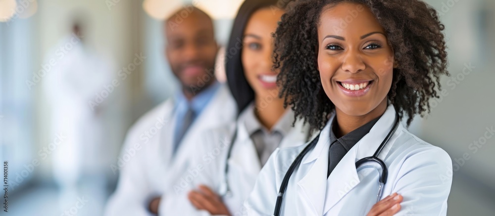 Three doctors smiling with folded arms in a row. Three doctors smiling with folded arms in a row.