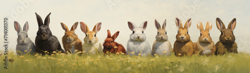 Row of Rabbits in a Meadow