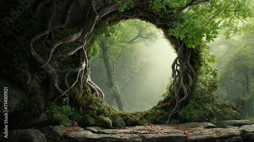 Enchanted forest gateway in mist.