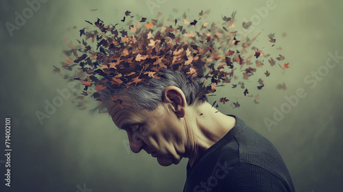 Person's head exploding into autumn leaves. photo