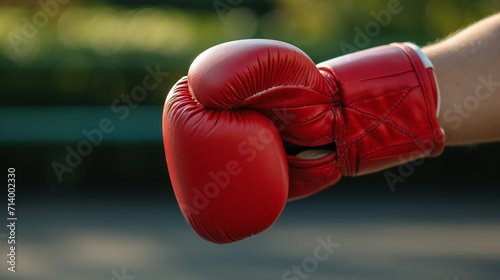 Red boxing glove ready for a fight in sunlight.