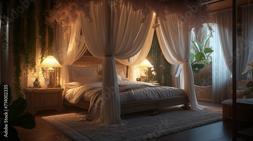 Illuminate your bedroom with the soft radiance of a canopy bed surrounded by dreamy, sheer curtains for an intimate and luxurious atmosphere.