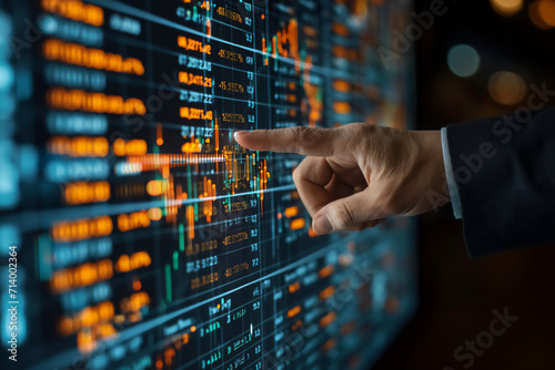 Businessman hand pointing to stock market graph investment concept.