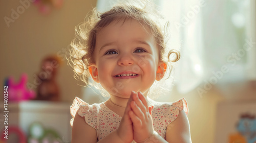 Joyful toddler clapping hands with a beaming smile.