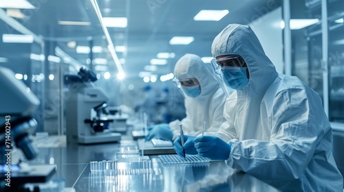 Scientists in Sterile Cleanroom Suits Control Manufacturing Machinery Work and Use Microscopes for Research, Doctors do tests in the laboratory.