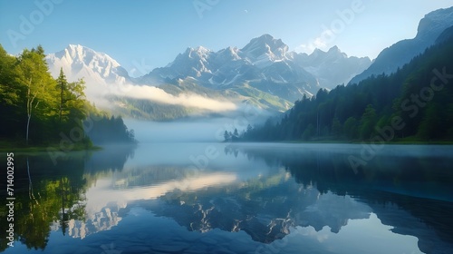 Imagine a serene mountain lake at dawn, with mist rising gently over the water, reflecting the first light of the sun on the surrounding peaks. 