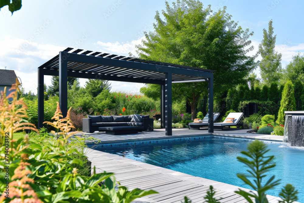 Modern black bio climatic pergola with an outdoor patio. Teak wood flooring, a pool, and lounge chairs. flowers garden and trees