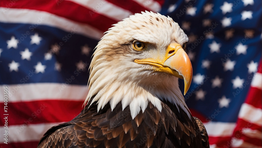 Naklejka premium Eagle with blurred american flag background