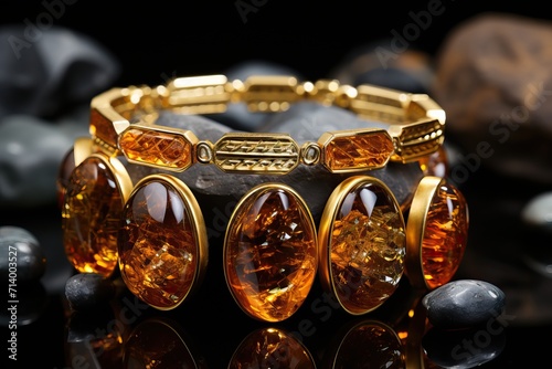 An exquisite and expensive amber bracelet on the hand. photo