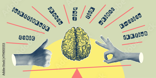 Concept heart VS brain. Vintage design collage poster. Mental health and emotional well-being symbols. Mind-heart balance hand drawn graphic art. Half tone and sketch doodle style. Vector illustration