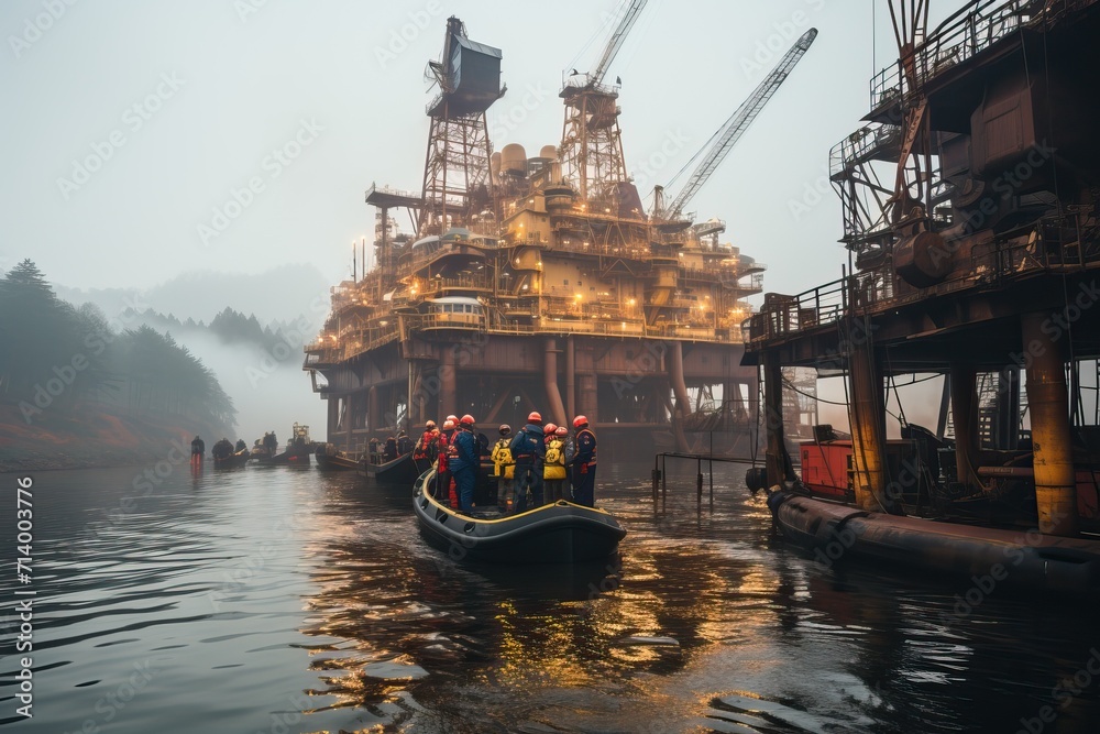 A boat with workers swims up to the drilling platform.