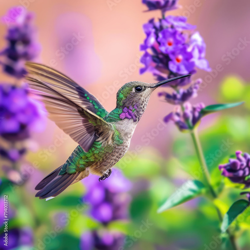 Swift Hummingbird Among Flowers  A Mid-Air Dance
