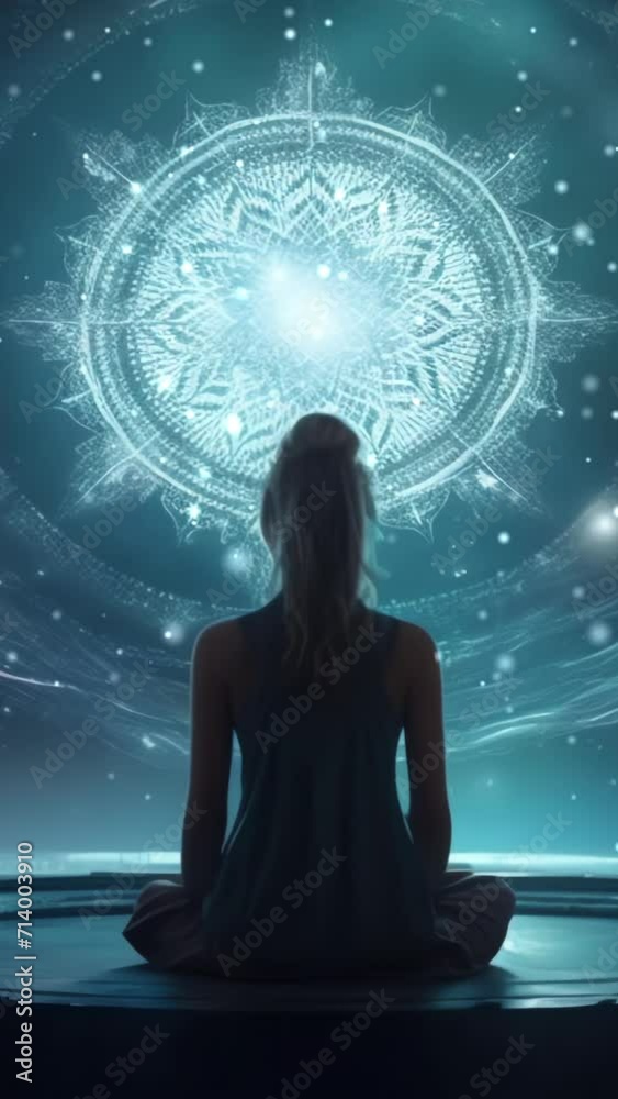 Woman meditating in lotus pose with magic animated background Woman meditating in lotus pose with magic animated background