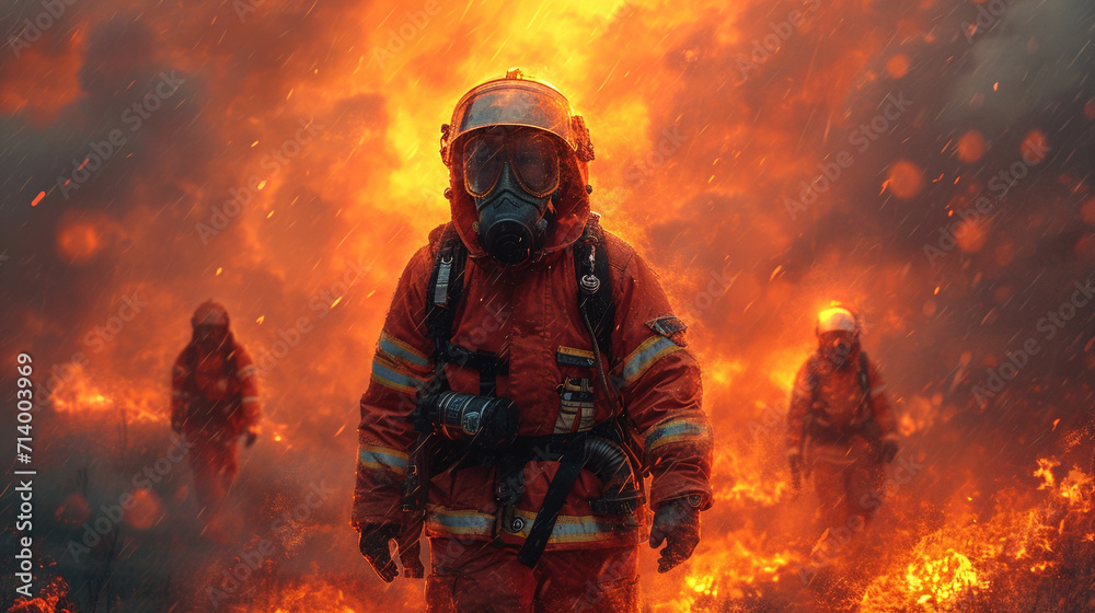 Group of professional firefighters wearing full equipment, oxygen masks, and emergency rescue tools,emergency workers illustration Group of professional firefighters wearing full equipment, oxygen masks, and emergency rescue tools,emergency workers illustration