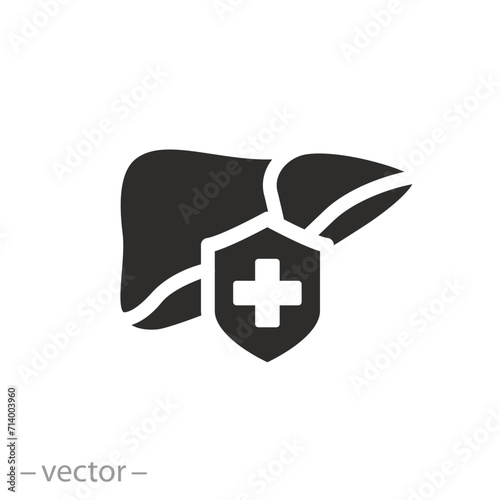 protect human liver icon, save liver, medical shield, hepatoprotector concept, flat symbol on white background - vector illustration