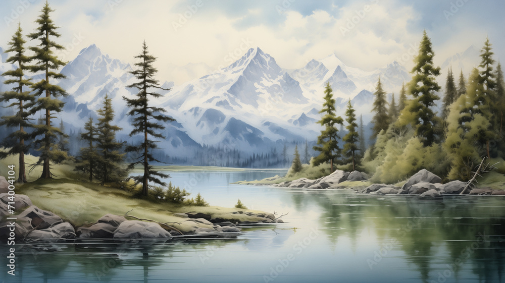 Majestic Mountain Scenery in Watercolor Art, Serene Watercolor Forest Landscape with Pine Trees, lake and snow on mountains. - obrazy, fototapety, plakaty 