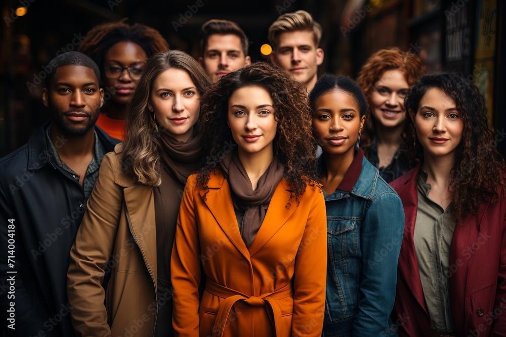 Individuals of diverse backgrounds standing side by side, symbolizing equality and unity in a social or workplace setting.