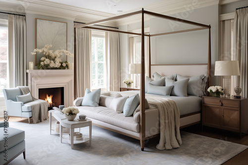 Design a luxurious master bedroom suite with a four-poster bed, silk drapes, and a marble fireplace. Use a muted color palette of ivory, taupe, and pale blue for a calming effect. photo