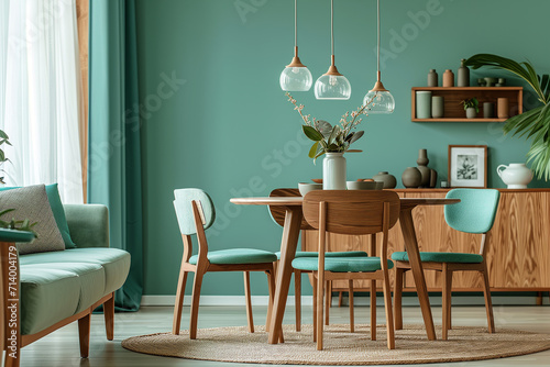 Wooden chairs at round wood table in room with sofa and cabinet near wall. Scandinavian, mid-century home interior design of modern living room. photo