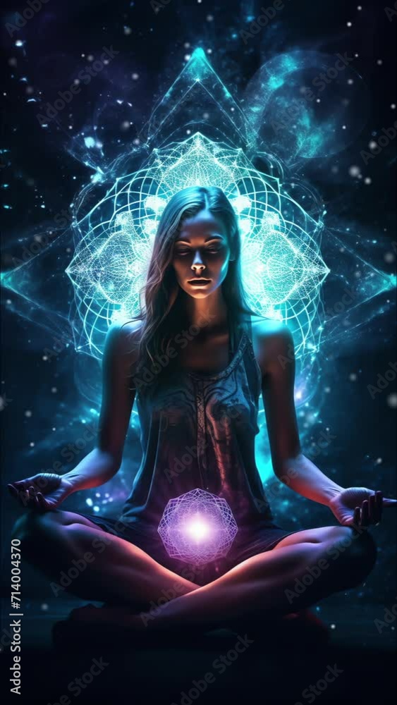 Woman meditating in lotus pose with magic animated background Woman meditating in lotus pose with magic animated background
