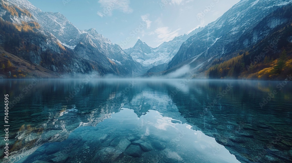A crystal-clear mountain lake surrounded by towering peaks, where the reflection of snow-capped mountains is perfectly mirrored on the serene water's surface.