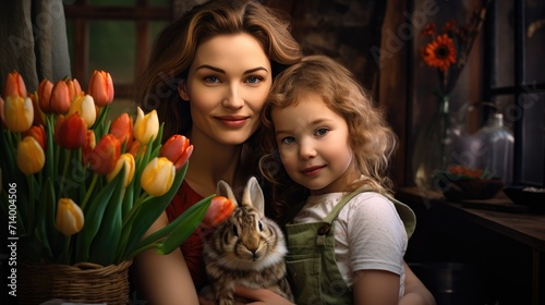 A cute little girl congratulates her mother and gives her a bouquet of tulip flowers in the house. The concept of Mother's Day. Smiling mother and daughter. Happy family holiday, women's Day.