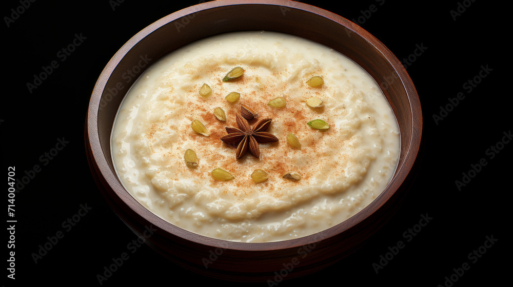 A bowl of creamy and comforting rice pudding, a sweet treat commonly served during Ramadan A bowl of creamy and comforting rice pudding, a sweet treat commonly served during Ramadan
