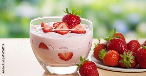 A Glass Filled with Luscious Yogurt and Ripe Strawberries