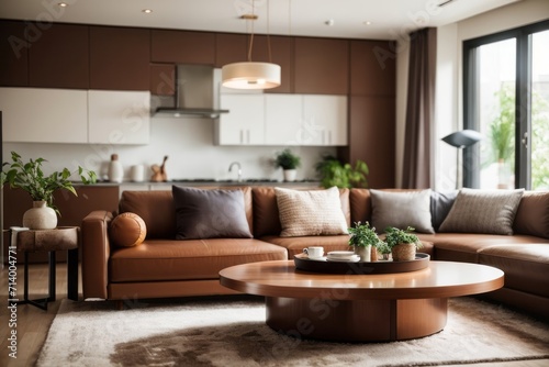 Interior home design of modern living room with brown leather sofa and table near the window
