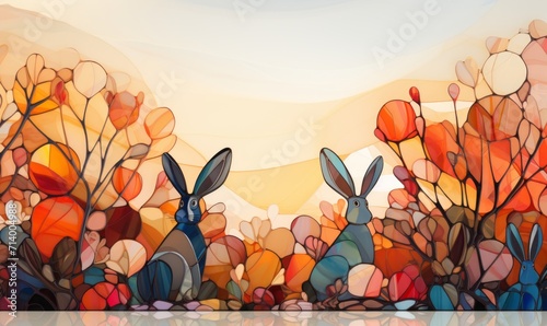 Easter bunnies on orange stained glass background generated AI