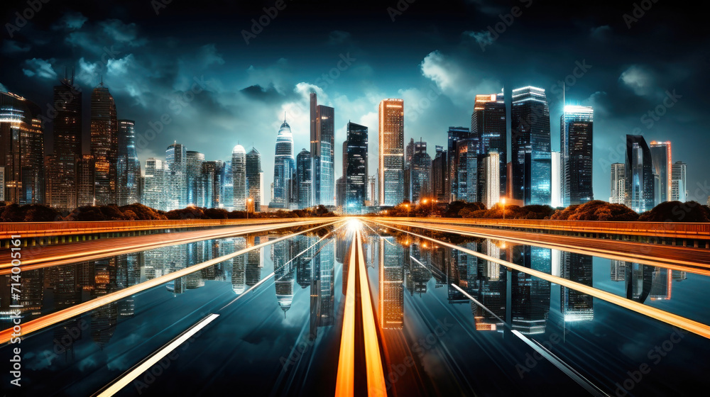 Reflections of City Lights in Water, Beautiful City Skyline Illuminated at Night