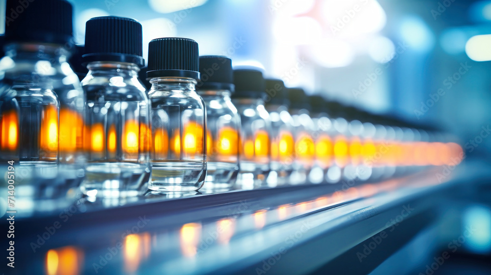 Row of Glass Bottles on Shelf in Pharmacology Production Conveyor. Bottles with medicines on the conveyor. Selective focus. Close-up. Row of Glass Bottles on Shelf in Pharmacology Production Conveyor. Bottles with medicines on the conveyor. Selective focus. Close-up.