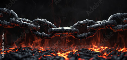 Chains over a fiery lava crack in a grunge texture.