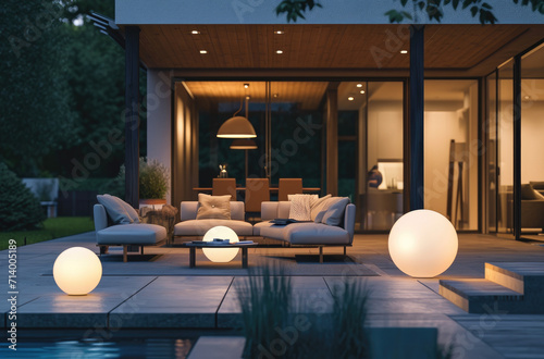 outdoor furniture and lights in a patio photo