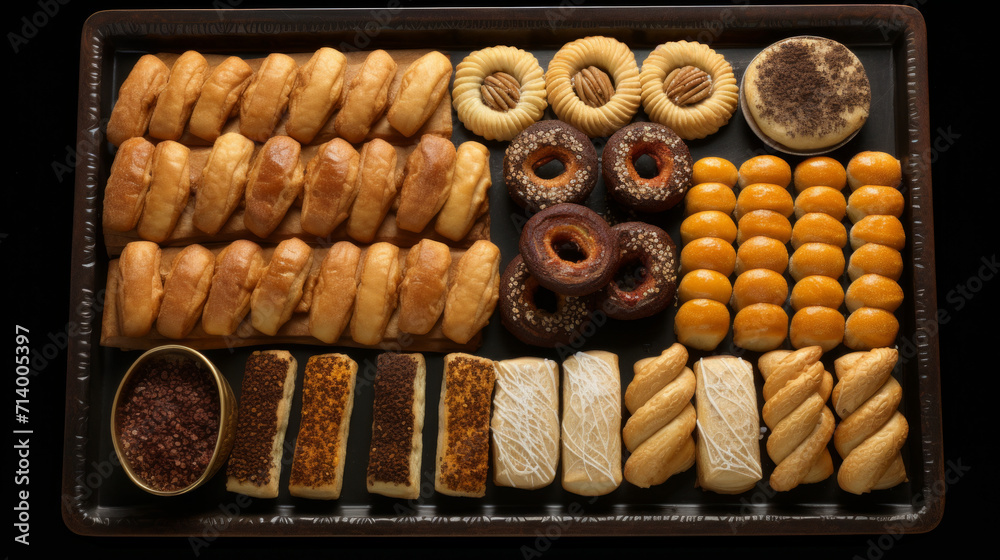 A tray of assorted Middle Eastern pastries, including baklava and semolina cookies, a sweet ending to a Ramadan meal A tray of assorted Middle Eastern pastries, including baklava and semolina cookies, a sweet ending to a Ramadan meal